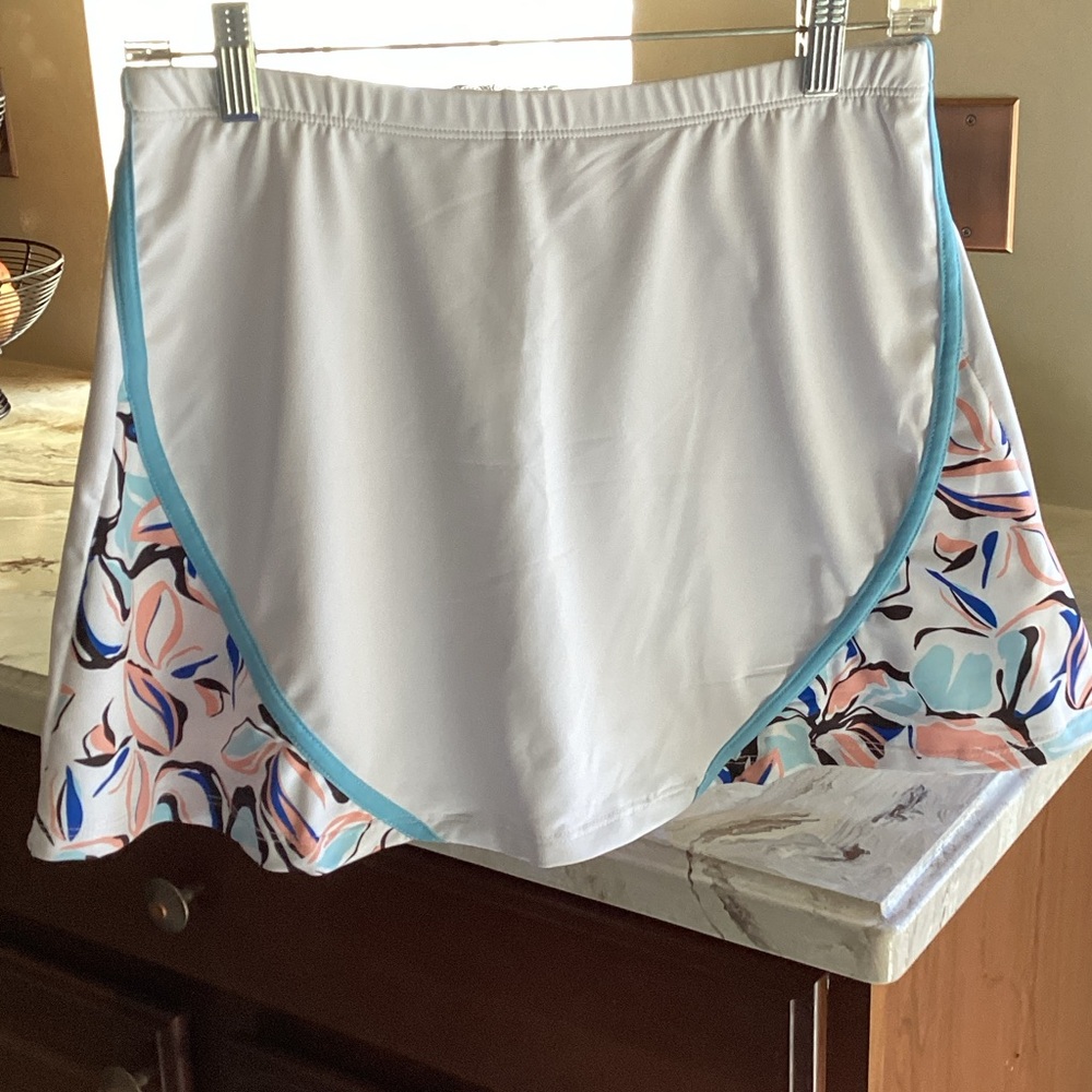 White and Floral Women's Skirt with Sky Blue Trim